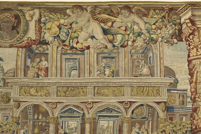 Detalj av palasset og musikerengel fra Vertumnus og Pomona, ca. 1630 av Jan II Raes