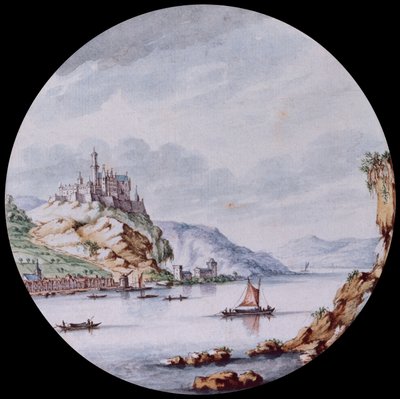 En utsikt langs Rhinen med landsbyen St. Goar og Castle Rheinfels (svart bly, penn, grått blekk og akvarell) av Jan I van Call