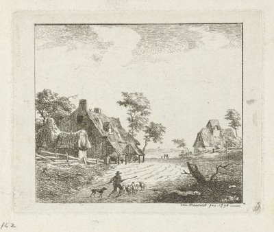 Landskap med gjeter og sauer på to gårder av Jan Izaak van Mansvelt