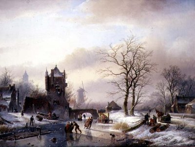 Skatere på en frossen elv (olje på lerret) av Jan Jacob Spohler