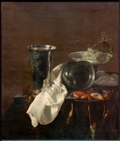 Bankett stilleben med en sølvbeger, en veltet kanne, av Jan Jansz. Treck