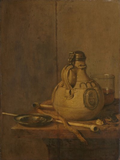 Stilleben med steintøymugge og rør av Jan Jansz. Treck