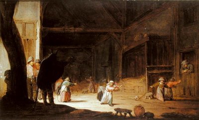 En maskerader som skremmer barn i en låve av Jan Jansz van Buesem