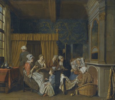 En familie som tar te mens de feirer tvillingenes fødsel av Jan Josef Horemans the Younger