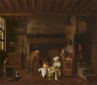 Interiørscene, ved siden av skorsteinen av Jan Josef the Elder Horemans