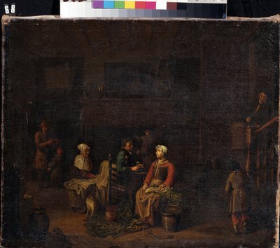 ""Kjøkkenet"" (Kjøkkenet) Tjenere som tilbereder måltidet til sine herrer, en kvinne som hakker grønnsaker, en annen bak i nærheten av et vaskekar, mens en mann snakker mens han drikker. Maleri av Jan Joseph Horemans den eldste (1682-1759) Mik fra 1700-tal av Jan Josef the Elder Horemans