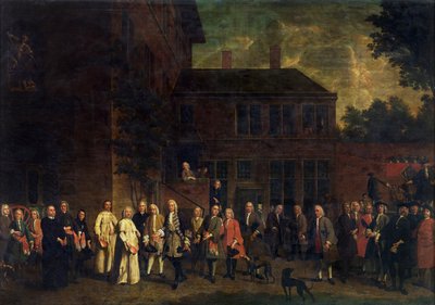 Medlemmene av fekterlauget ønsker abbeden av Sint-Michiels velkommen av Jan Josef the Younger Horemans
