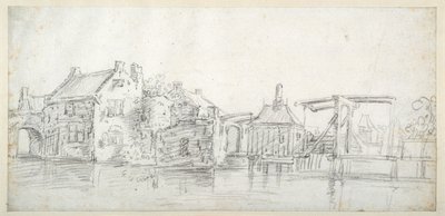 En kanal med bygninger, inkludert et bomhus og en bombro, ca. 1650 (svart kritt på hvitt papir) av Jan Josefsz. van (circle of) Goyen