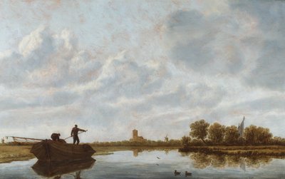 Menn på en lekter i et elvelandskap med en fjern kirke (olje på panel) av Jan Josefsz. van (circle of) Goyen