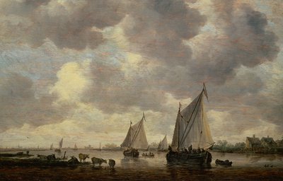 En kanal i Holland, eller to store seilskip og storfe nær en elv av Jan Josephsz van Goyen