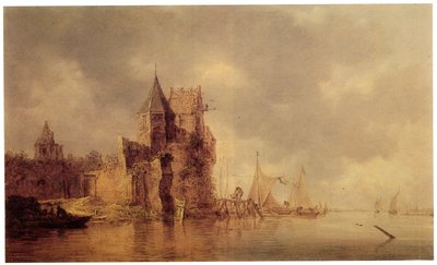 Et middelaldertårn på en slottsvollen med seilskuter ved en brygge og en robåt i forgrunnen, ca. 1642 (olje på panel) av Jan Josephsz van Goyen