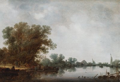 En elvescene med en ferge som forlater venstre bredd av Jan Josephsz van Goyen