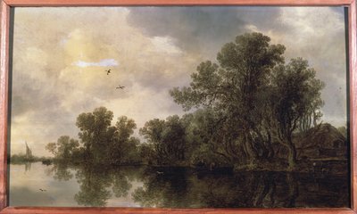 Et skogkledd elvelandskap, med bønder i en robåt ved en hytte og en ferge, en seilbåt i det fjerne, 1633 av Jan Josephsz van Goyen