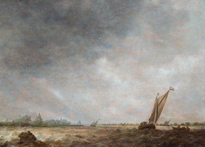 En elvemunningsscene med skipsfart i urolig vann (olje på panel) av Jan Josephsz van Goyen