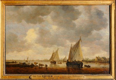 To store seilbåter på en elv og dyr på bredden av Jan Josephsz van Goyen
