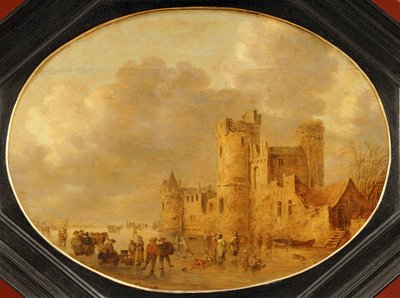 Skøyteløpere foran et middelalderslott... av Jan Josephsz van Goyen