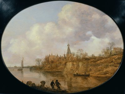 Tre fiskere som drar et garn og kurver på bredden av et elvelandskap med et slott og en landsby i det fjerne av Jan Josephsz van Goyen