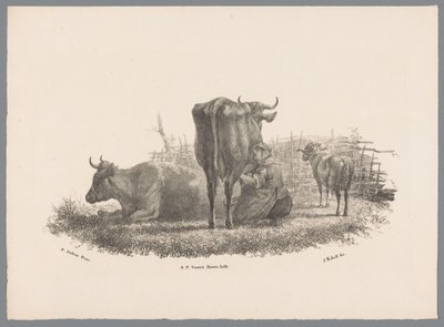 Melkende bondekone, to kyr og en vær Beesten Studien av J. Kobell etter Paul Potter Nr. 1 (serietittel) av Jan Kobell (III)