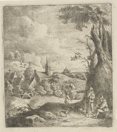 Landskap med en landsby og to menn ved et tre av Jan Lauwryn Krafft (I) (attributed to)