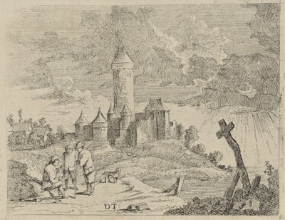 Landskap med slott og tre menn av Jan Lauwryn Krafft (I) (possibly)