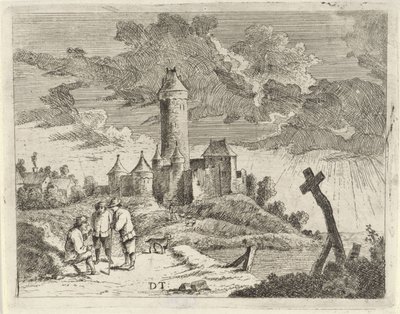 Landskap med slott og tre menn av Jan Lauwryn Krafft (I) (possibly)