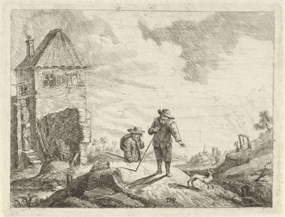 To bønder med hund på landevei av Jan Lauwryn Krafft (I) (possibly)