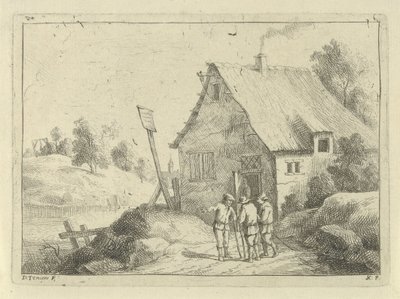 Snakkende menn foran et hus av Jan Lauwryn Krafft (I)