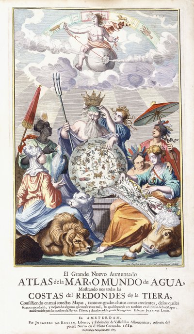 Allegorisk tittelside, fra "The Great New Augmented Atlas of the Sea, 1680 av Jan Luyken