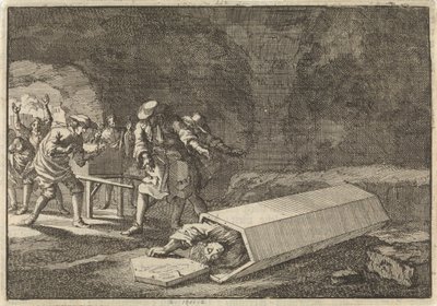 Begravelsestjenere i Roma ser at Antonio Marlini, som de hadde gravlagt i et hvelv noen dager før, må ha vært tilsynelatende død, 1696 av Jan Luyken