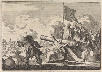Beleiring av Groningen der en kanon blir velsignet av seks munker, 1672 av Jan Luyken