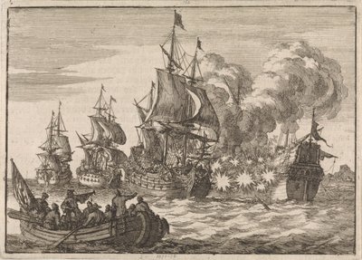 I Valencia blir spansk admiral Papachino angrepet av tre franske skip under admiral Tourville for ikke å hilse raskt nok, 1688 av Jan Luyken