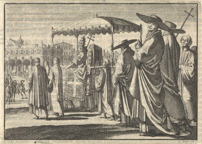 Christian IV, konge av Danmark, kledd som pave, imiterer en prosesjon med sine hoffmenn, 1596 av Jan Luyken