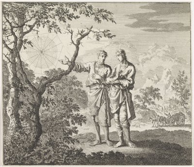 Emblem: edderkopp To menn ser på et edderkoppnett av Jan Luyken