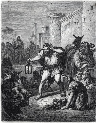 Esop og Kristus: Den greske forfatteren Esop (Esop eller Esopus, 600-tallet f.Kr.), med en lykt i hånden, krysser en vandring mellom karakterer med dyrehoder på jakt etter "en mann". Bak ham ser vi Jesus Kristus. Illustrasjon inspirert av fabelen «Esope a  av Jan Luyken