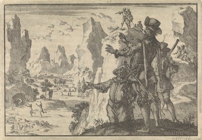 Bevæpnede spanjoler ser ned på helt ville mennesker fra steiner, ca. 1600 av Jan Luyken