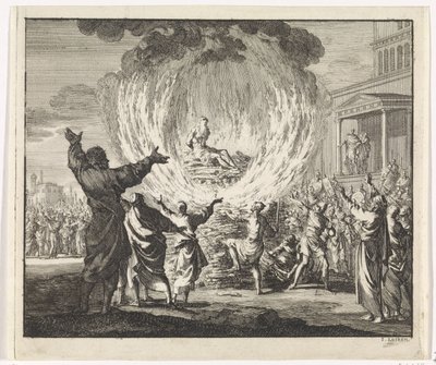 St. Polycarp blir brent på bålet, men flammene brenner ham ikke av Jan Luyken