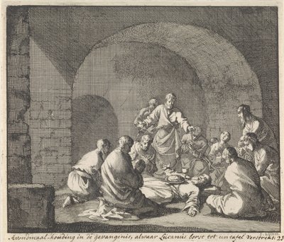 Saint Lucian feirer Herrens nattverd i fengselet Supper i et fengsel der Lucian gir bryst til et bord (tittel på objekt) av Jan Luyken