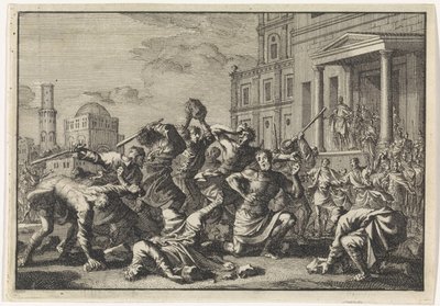 Herodes får sin frisør Tryphon til å steine ​​Tyro og sønnen hans på mistanke om forræderi av Jan Luyken