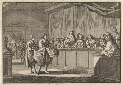 De reformerte pastorene Gilly og Courdil leste en erklæring på synoden i Sorges om at de ville konvertere til den katolske kirke, 3. juni 1683 av Jan Luyken
