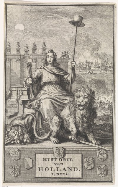 Nederlandsk jomfru Tittelside for: F. de la Neuville, History of Holland vol. I, 1704 av Jan Luyken