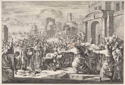 Beboere i Lystra ønsker å ofre storfe til de to apostlene av Jan Luyken