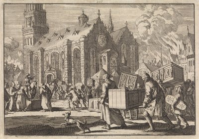 Innbyggerne i Spires bringer i god tro møblene sine til katedralen hvor de deretter blir brent av den franske generalen Monclar, 1689 av Jan Luyken