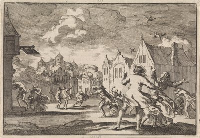 Innbyggere i en landsby nær Luchow slott i Lüneburg blir innhentet av en virvelvind som får fuglene til å falle døde ned fra himmelen, 1671 av Jan Luyken