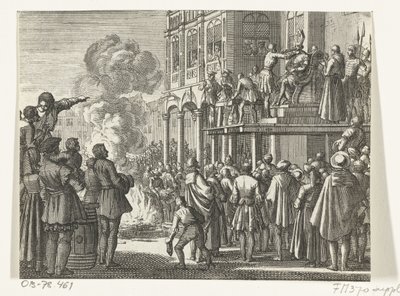 Jacob van Campen med bispelue på hodet på skafottet i Amsterdam, 1535 av Jan Luyken