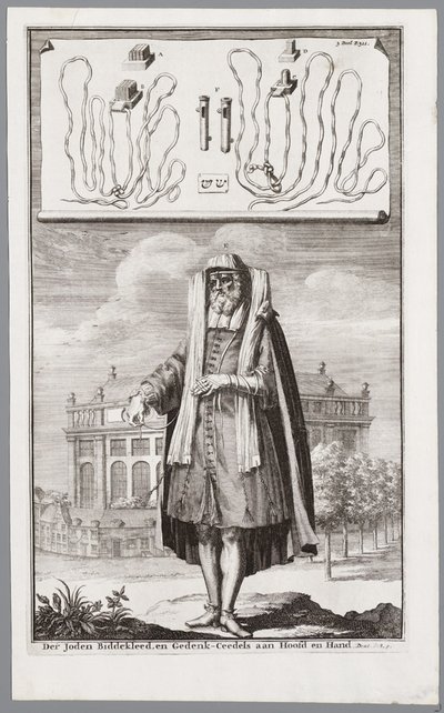 Jødisk mann, kledd for bønn. På bakgrunnen den portugisiske synagogen i Amsterdam av Jan Luyken