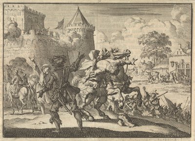 Den keiserlige kommandør Dampier faller fra hesten etter et skudd fra veggene i Presburg (Bratislava), 1620 av Jan Luyken