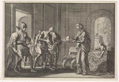 Mor viser krigere restene av hennes spiste barn under hungersnøden i Jerusalem, 1704. av Jan Luyken