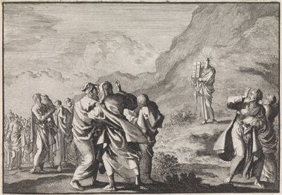 Moses tar imot lovens tavler og viser dem til folket av Jan Luyken