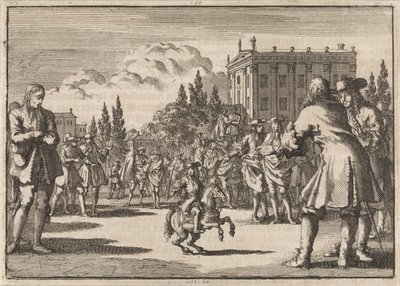 På et torg i Madrid har en folkemengde samlet seg rundt Louisillo, dvergen til kongen av Spania, 1675 av Jan Luyken