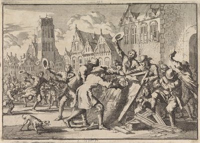 Opprør i Dordrecht der et bilde av Cornelis de Witt blir ødelagt av folket, 1672 av Jan Luyken